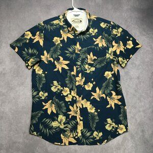 Seapointe Men Hawaiian Floral Shirt size Large Blue Yellow Flowers Island Casual